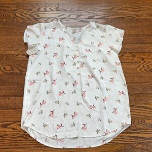 LOFT Outlet Floral Blouse Size Small Ivory Pink Green Short Sleeve Top